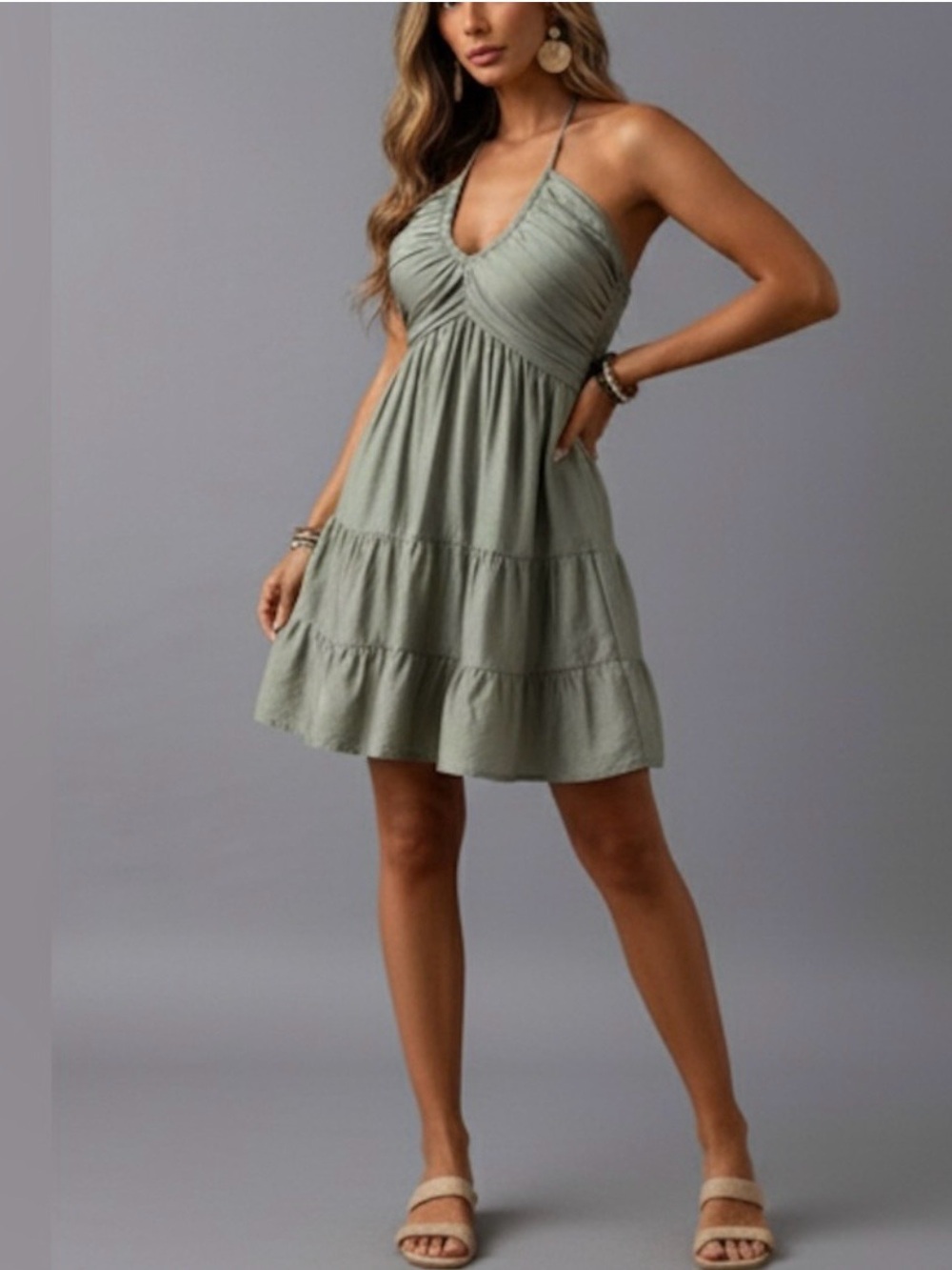Shirred Pleated Bust Halter Mini Dress Green - Picture 2 of 9